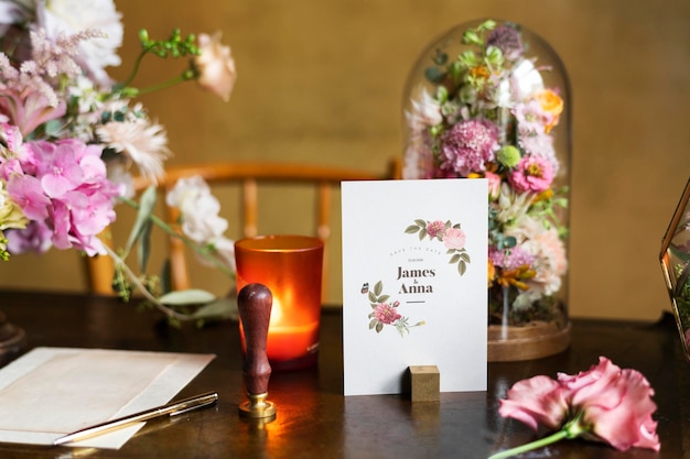 Kaartmodel per boeket bloemen op een houten tafel