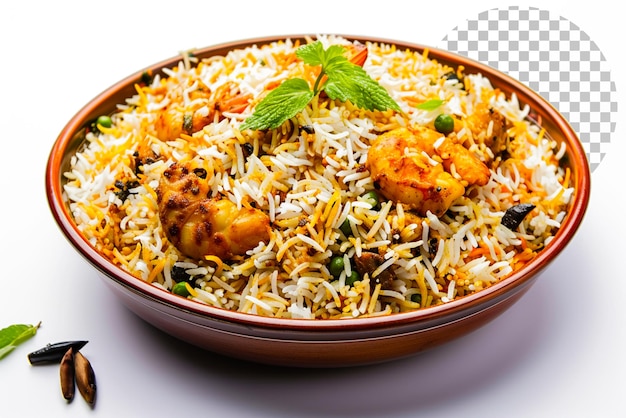 PSD kachchi biriyani con gamberetti di pollo e spezie di dhaka su uno sfondo trasparente