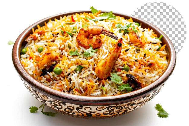 Kachchi biriyani con gamberetti di pollo e spezie di dhaka su uno sfondo trasparente