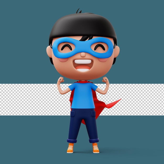 Kahraman kıyafetleri giymiş komik, küçük süper güçlü çocuk, kahraman çocuk konsepti 3D render