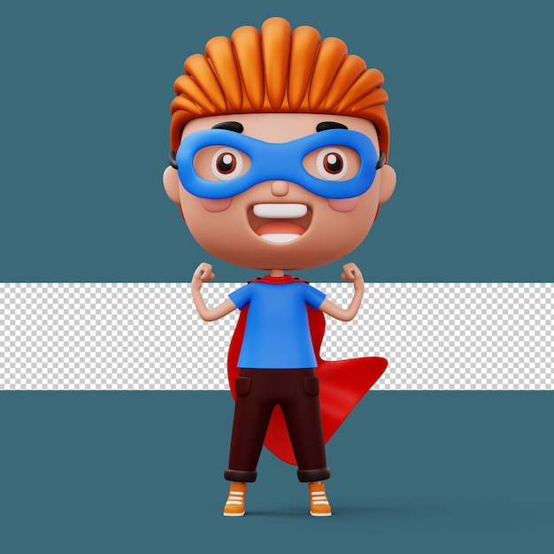 Kahraman kıyafetleri giymiş komik, küçük süper güçlü çocuk, kahraman çocuk konsepti 3D render