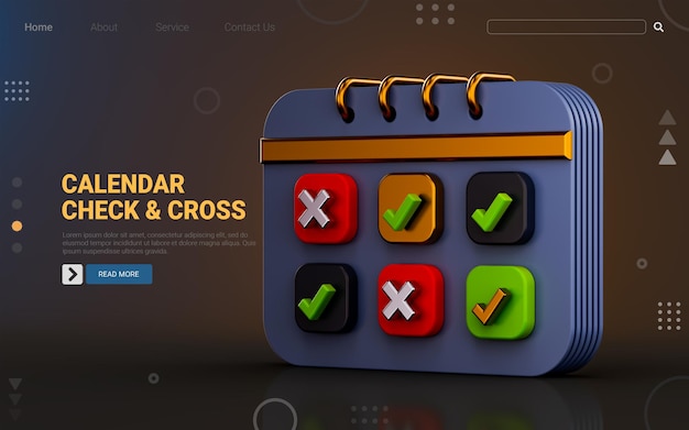 Kalender en vinkjes kruis teken pictogram op donkere achtergrond 3d render concept voor workflow sheet