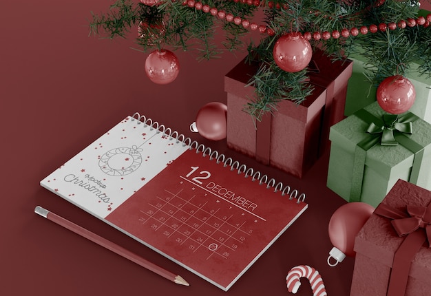 PSD kalender met kerstversieringen mockup