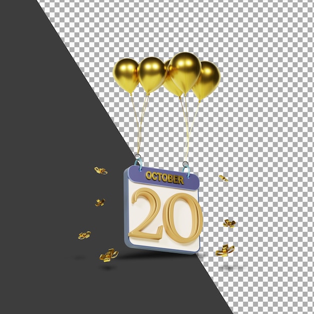 Kalendermaand 20 oktober met gouden ballonnen 3d-rendering geïsoleerd