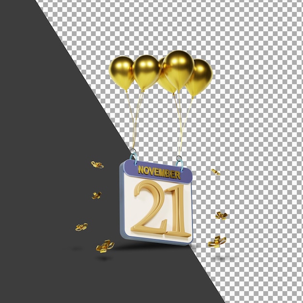 Kalendermaand 21 november met gouden ballonnen 3d-rendering geïsoleerd