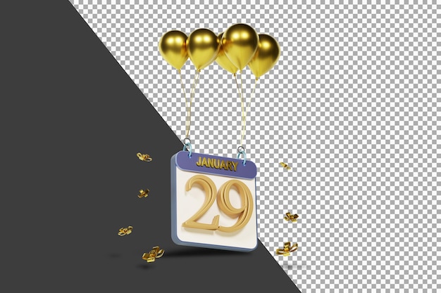 PSD kalendermaand 29 januari met gouden ballonnen 3d-rendering geïsoleerd