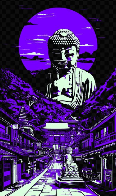 PSD kamakuras great buddha with religious street scene temples s psd vector tshirt tattoo ink scape art