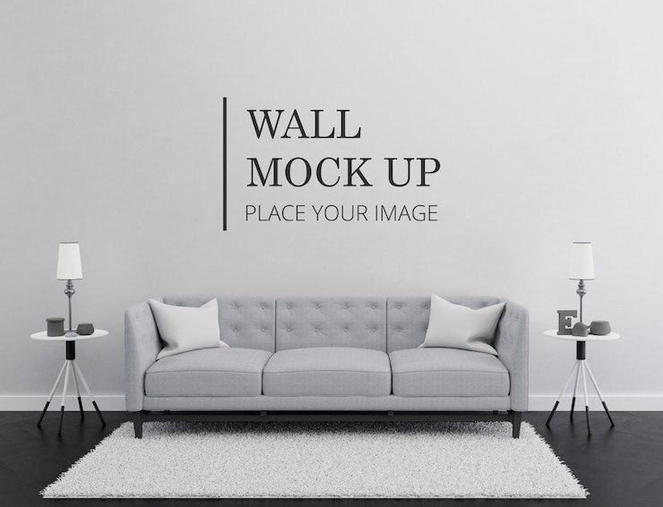 PSD kamerwandmodel - monochrome minimalistische moderne woonkamer met bank