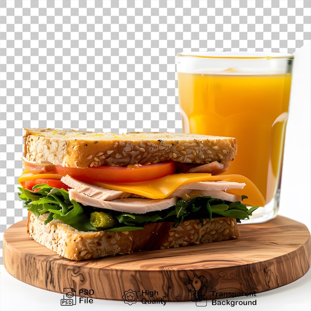 PSD kanapka z szklanką soku pomarańczowego na drewnianej desce izolowanej na przezroczystym tle