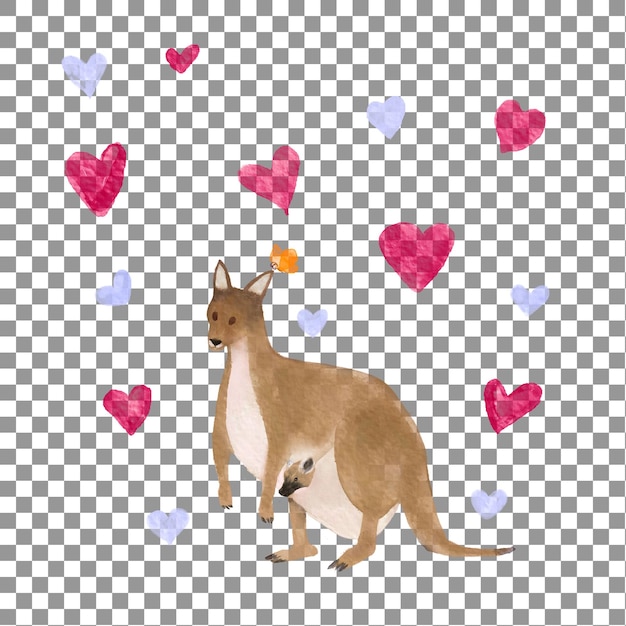 PSD a kangaroo and hearts on a transparent background