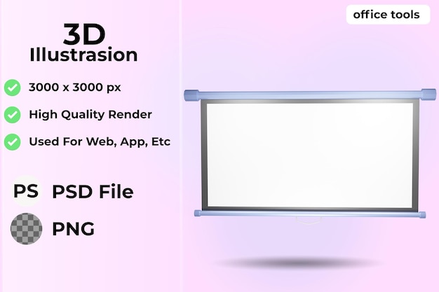 Kantoorbenodigdheden pictogram 3d illustratie, presentatiescherm