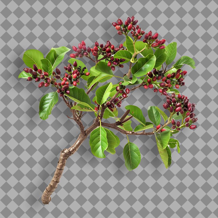 PSD kapok with tall straight branch covered in small red to pink isolated tree branch on clean bg