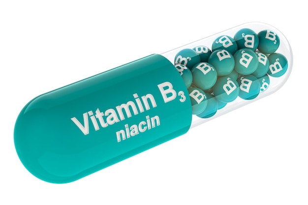 PSD kapsułka witaminy b3 niacyna 3d wyizolowana na przezroczystej tle