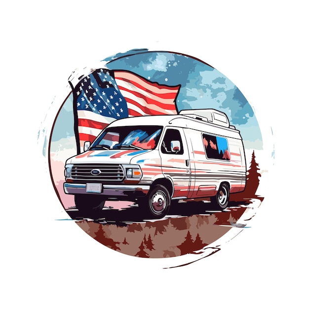 PSD karawana w amerykańskim krajobrazie z amerykańską flagą ilustracja akwarel png psd