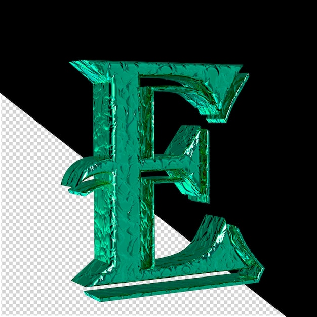 PSD karbowany turkusowy symbol 3d, widok z lewej strony, litera e
