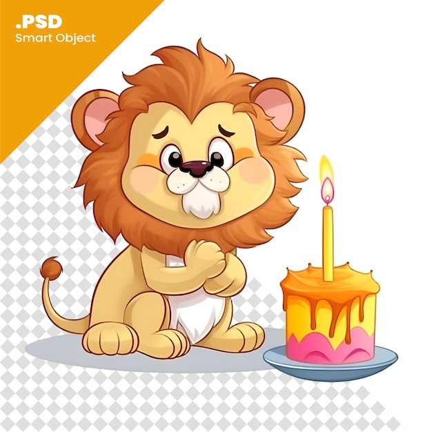 PSD karikatura lwa z tortem urodzinowym i świecą izolowaną na białym tle szablon psd
