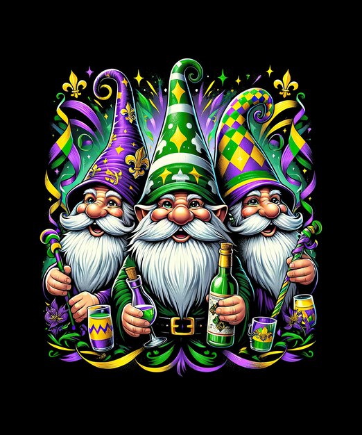 PSD karnawał cheers whimsical mardi gras gnomes festive celebration tee