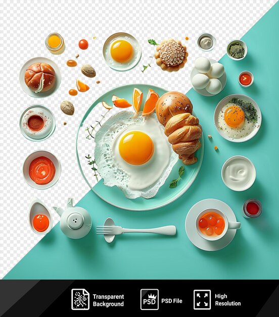 PSD カルニヤリクの食べ物と卵は,オレンジと黄色の黄色で白い鉢,皿,器具を備えた青いテーブルに
