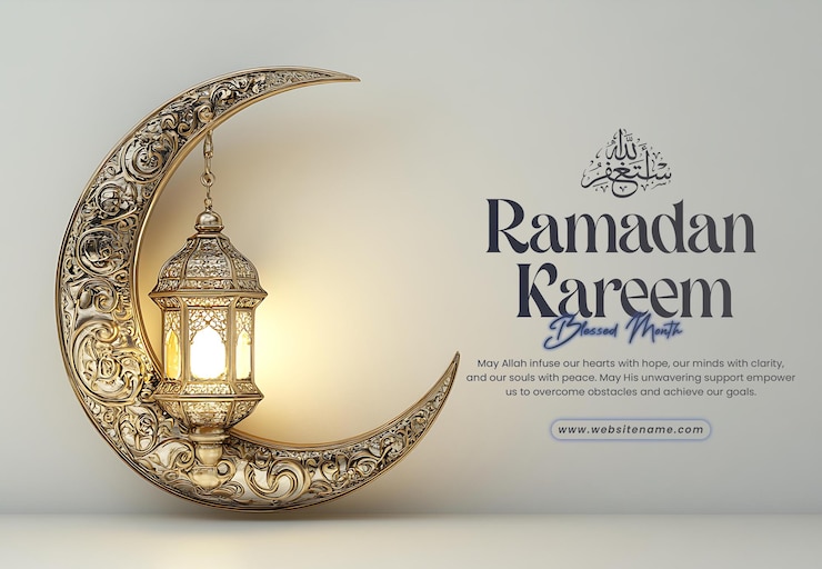 PSD karta z pozdrowieniami ramadan kareem z ozdobną lampą księżycową półksiężyca