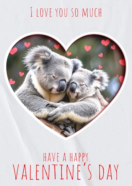 PSD kartkę z życzeniami szczęśliwych walentynek z przytulającymi się koalami