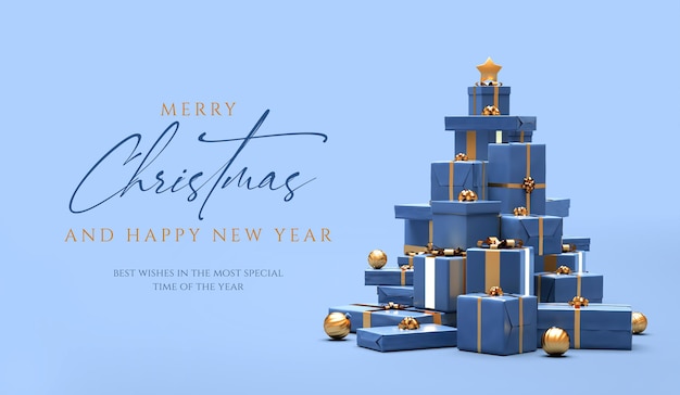 Kartkę z życzeniami Wesołych Świąt ze stosem prezentów w kształcie choinki na ilustracji 3D