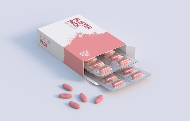 PSD kartonnen verpakking met twee blisters met vitaminepillen mockup-sjabloon 3d-rendering