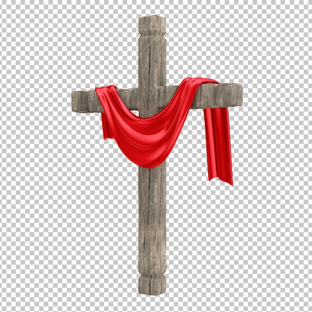 Katolicki krzyż z czerwoną szmatą symbolizującą krew Chrystusa Przezroczyste tło