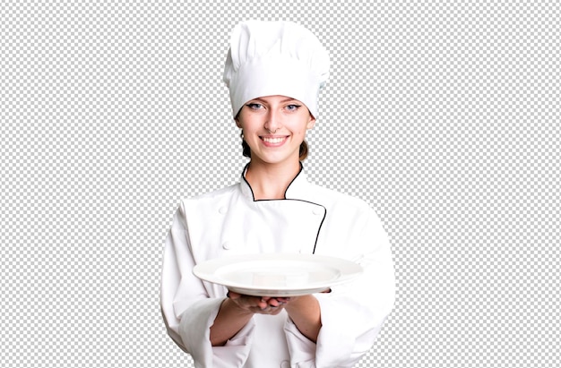 Kaukasische mooie blonde vrouwenchef-kok met een schotelconcept