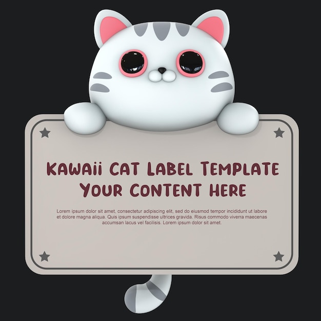 PSD kawaii cute cat 3d render label template