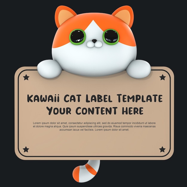 Kawaii cute cat 3d render label template