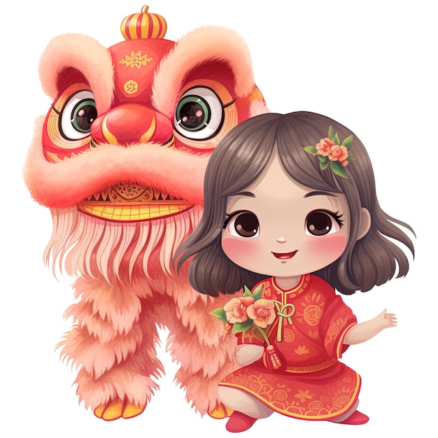 PSD kawaii lion dance and girl clipart for chinese new year celebrations