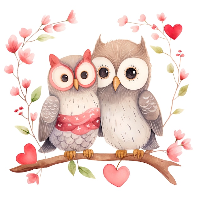 PSD kawaii love owl couple valentine watercolor clipart