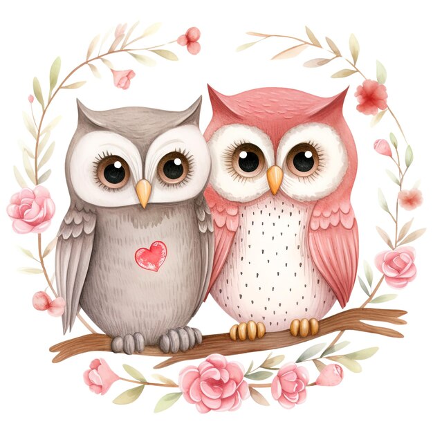 Kawaii Love Owl Couple Valentine Watercolor Clipart