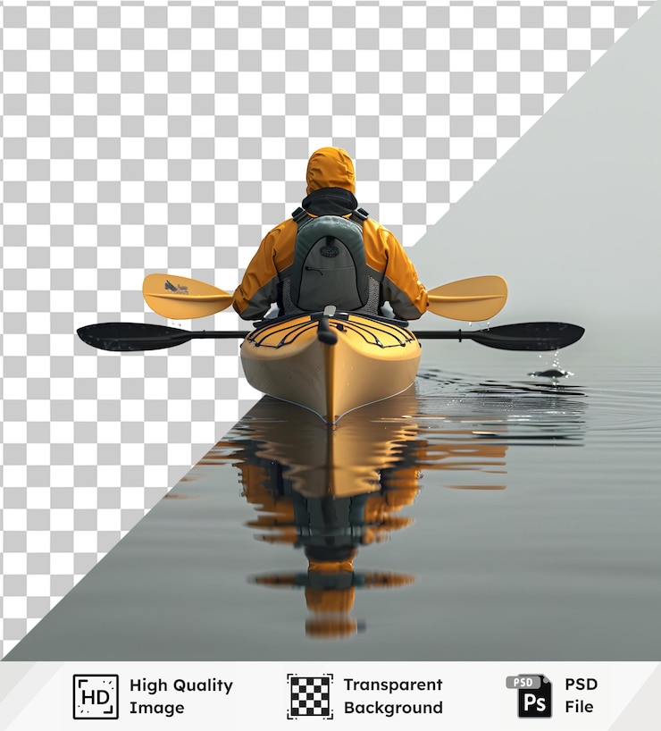 PSD kayaker paddles kayak na spokojnej wodzie w mgle wysokiej jakości przezroczyste psd kajaków