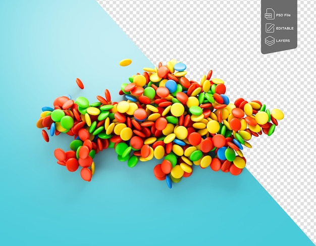 PSD kazakhstan colorful sweet candy dragees in shape of kazakhstan map blue background 3d illustration