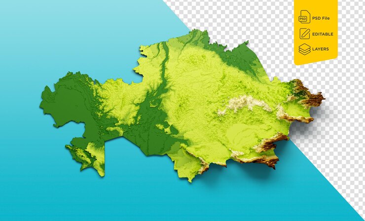 PSD карта казахстана затененный рельеф цвет высота карта на морском синем фоне 3d иллюстрация