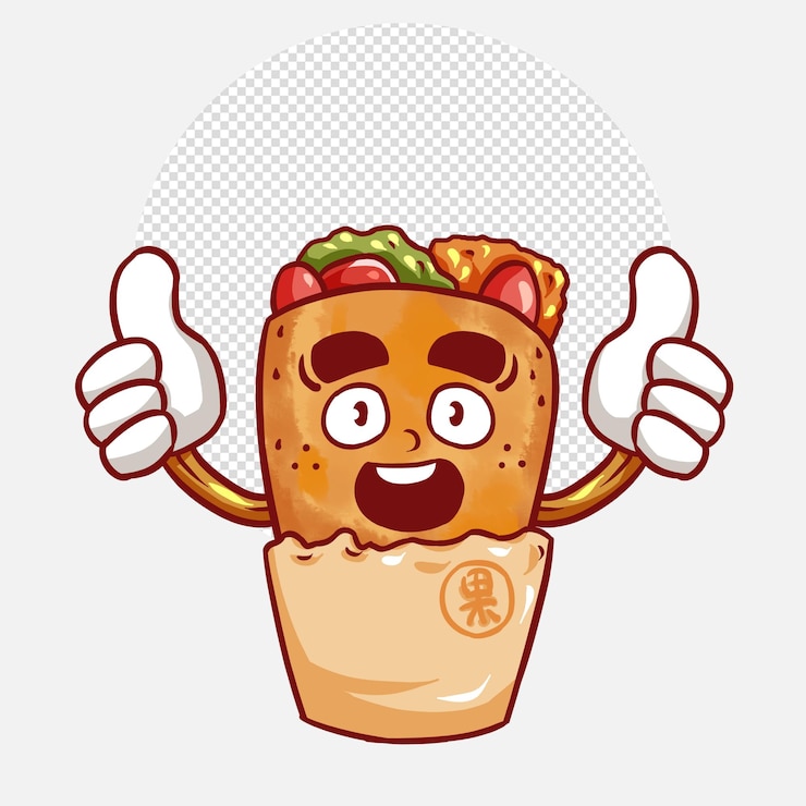 PSD kebab or shawarma with beef meat, lettuce, onion, tomatoes, spice. mascot logo design illustration