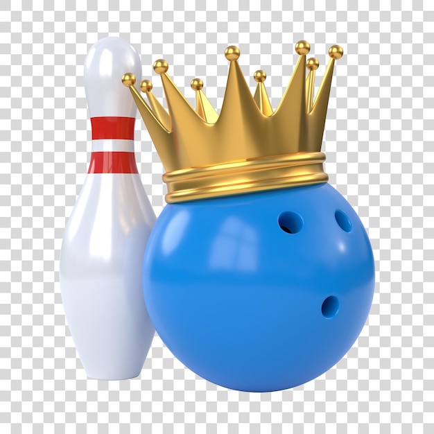 Kegelen en blauwe bowlingbal bekroond met gouden kroon geïsoleerd op een witte achtergrond 3D render