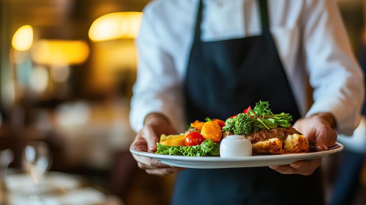 PSD kelner serveert een heerlijke maaltijd in een restaurant