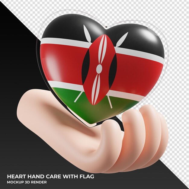 PSD kenya flag with heart hand care realistic 3d textured