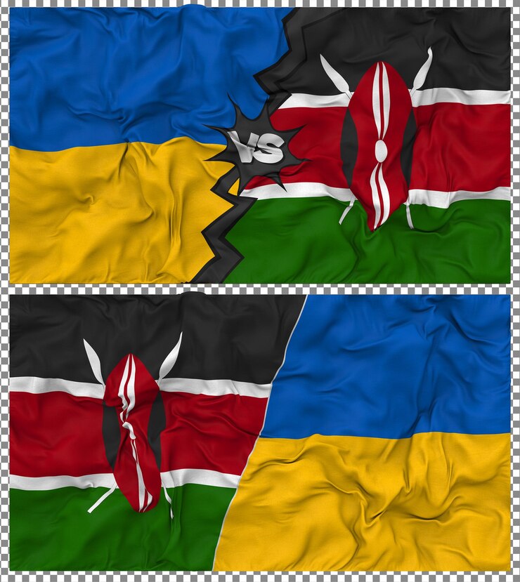 PSD kenya vs ukraine half combined flag cloth bump texture 3d rendering