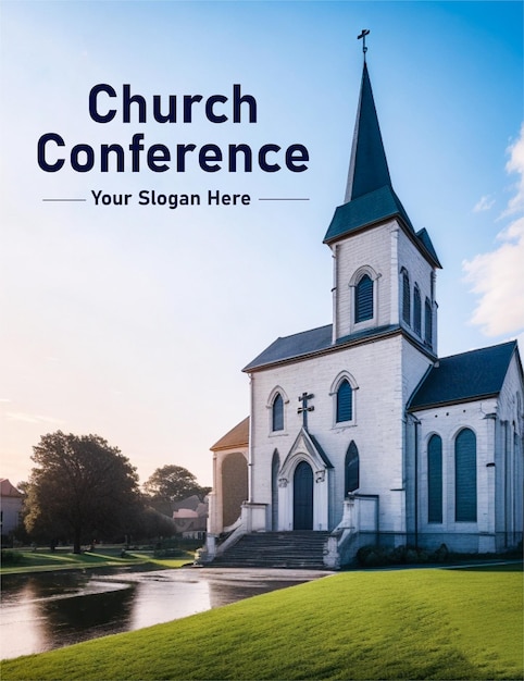 Kerk conferentie flyer vector achtergrond met een meer bij de kerk van St Nicholas