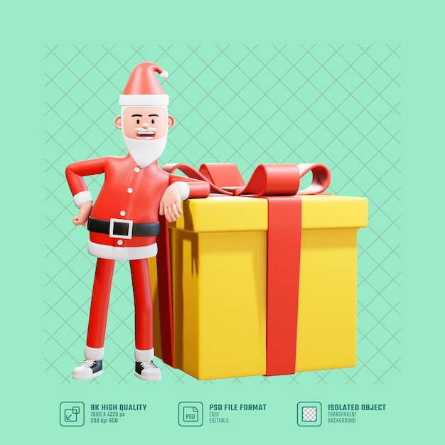 Kerst concept illustratie. 3D Kerstman leunt achterover op een grote kerstcadeaudoos voor een verrassing