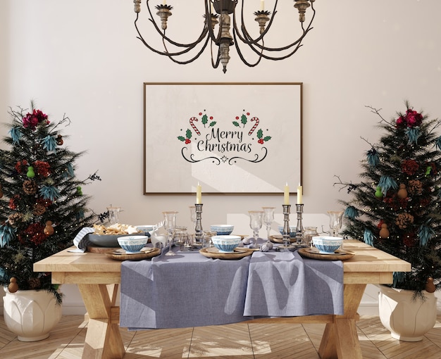 Kerst eetkamer met mockup posterframe en kerstboom