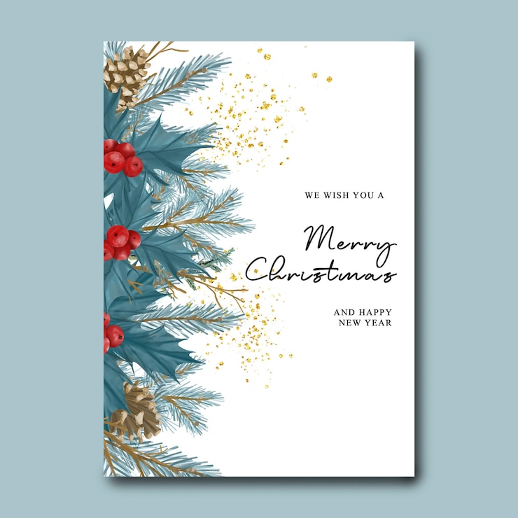 PSD kerst- en nieuwjaarskaart met aquarel kerstblauwe bladeren