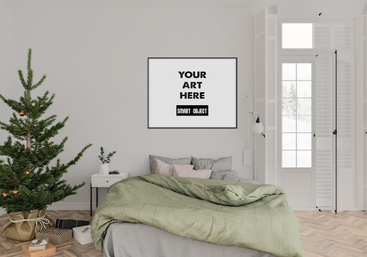 PSD kerst interieur met frame mockup in slaapkamer