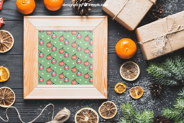 PSD kerst mockup met houten frame