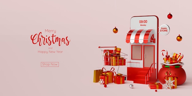 Kerstbanner van kerstinkopen online op smartphoneconcept, 3d illustratie