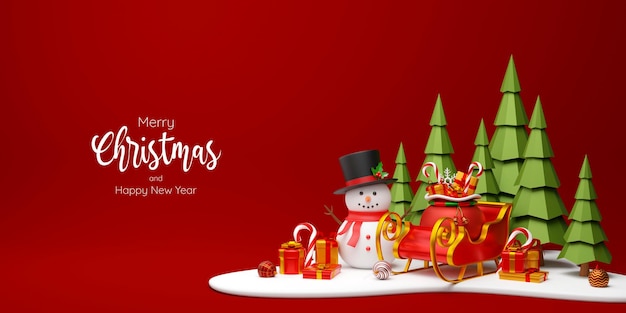 Kerstbanner van sneeuwpop en slee met cadeautjes 3d illustratie