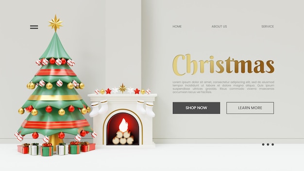 Kerstbestemmingspaginasjabloon met boom en open haard 3d-renderingillustratie